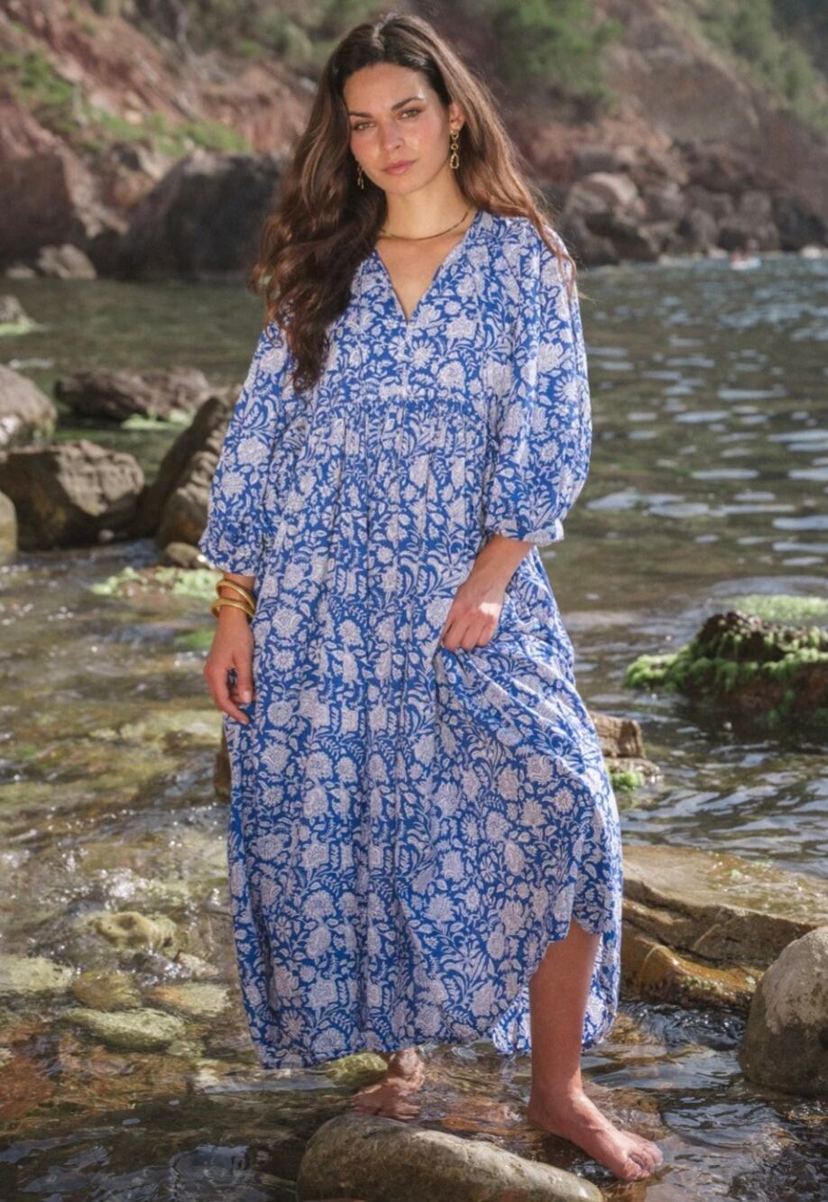 House of Sundar Maya Midi Dress 3XL Blue Iris Block Print Cotton Cottagecore